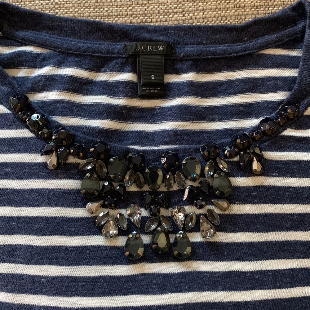 J. Crew Jeweled-Neck Striped Top Navy/White Size Small